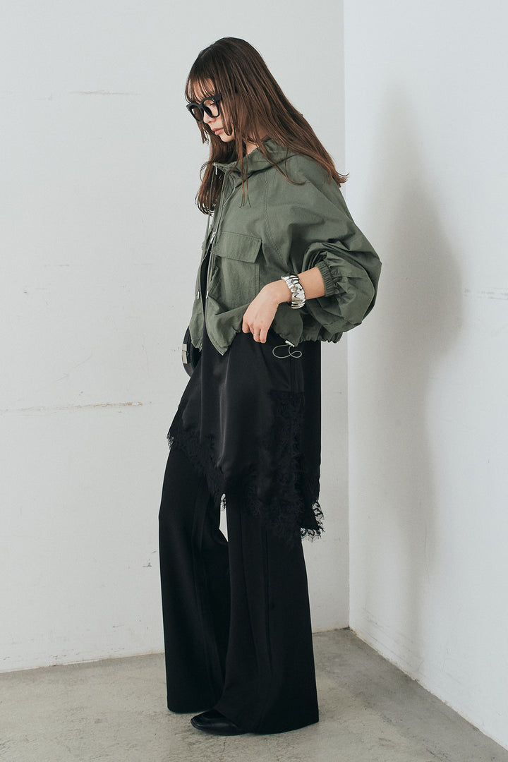 [SET]ナイロンボリュームWジップパーカーブルゾン+サテンレースアシメキャミ+細編みベルト付きパンツ+サテンレースアシメキャミ(3set)
