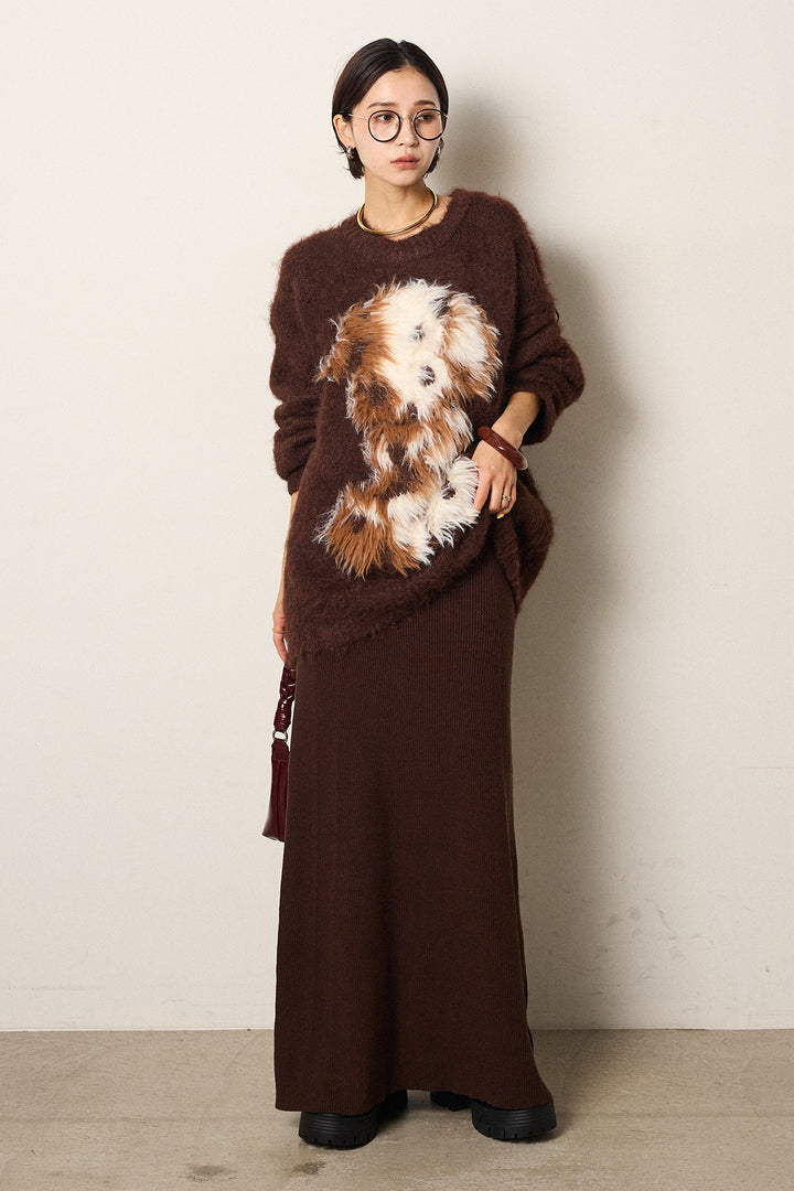 [SET]シャギーニュアンスアニマルニット+リブナローニットスカート(2set)