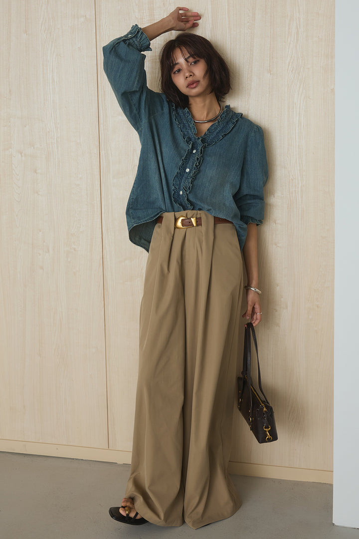 [SET]Vネックデニムフリルトップス+ベルトループデザインハイウエストタックパンツ(2set)