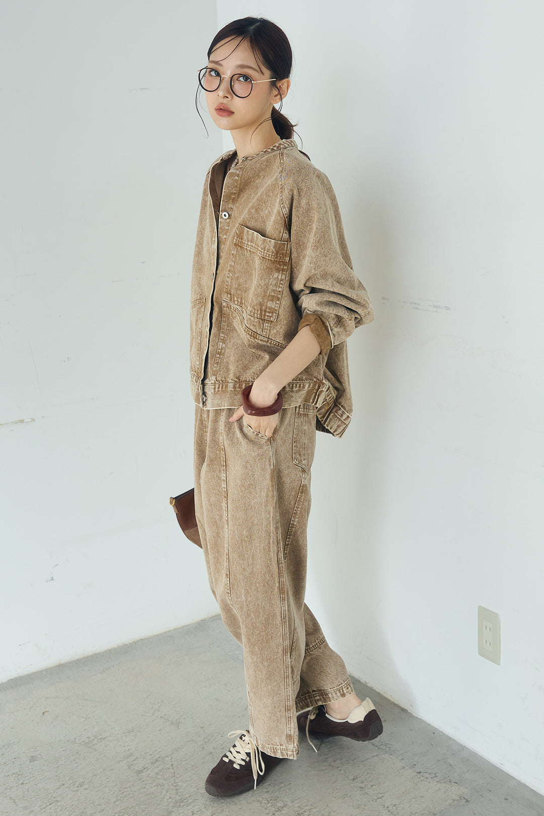 [SET]カラーデニムケミカル加工ノーカラーブルゾン+カラーデニムケミカル加工コクーンパンツ(2set)