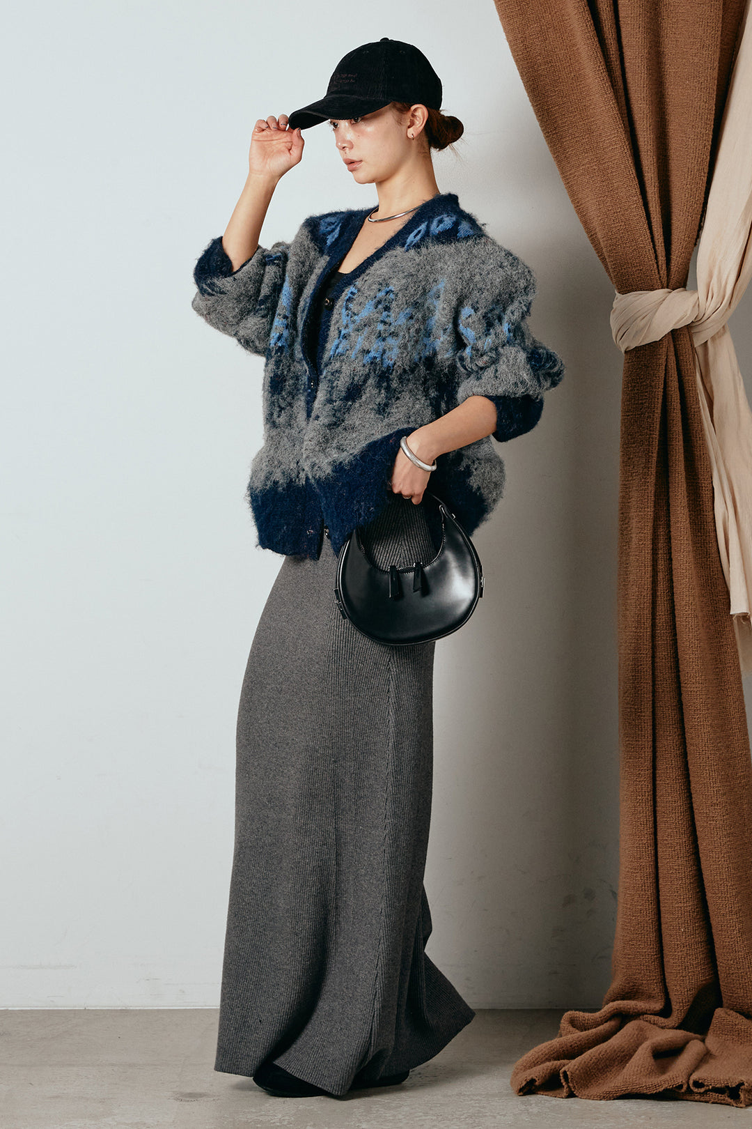 [SET]シャギーニュアンス柄ニットカーディガン+リブナローニットスカート(2set)