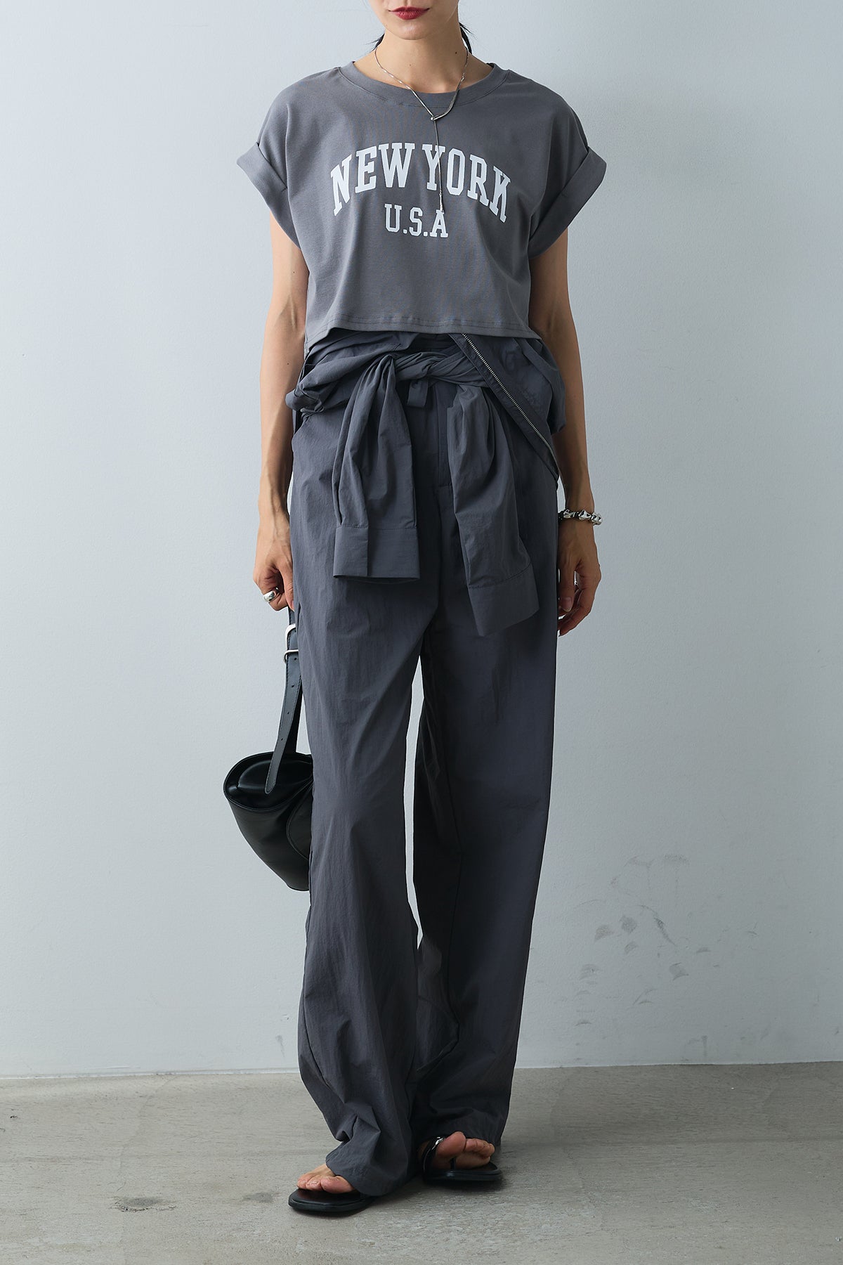 SET]ショート丈NEWYORKロゴTシャツ+合繊ジャンプスーツ(2set