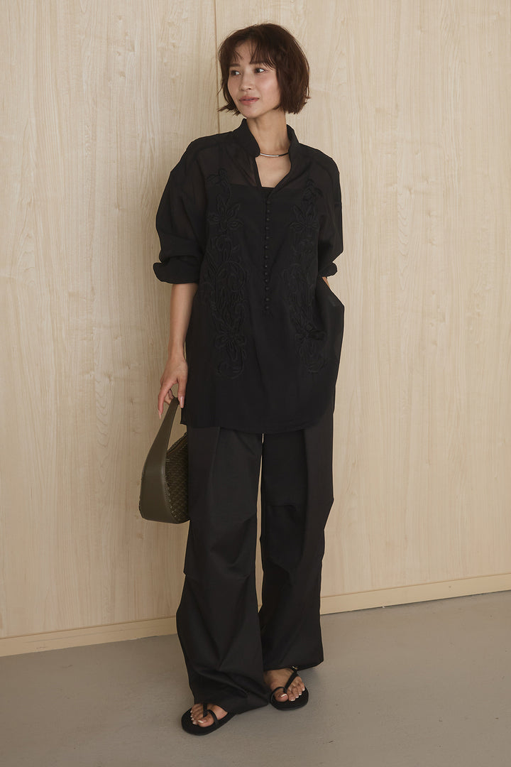 [SET]フロントボタンニュアンス柄ブラウス+ニーサイドタックウエストドロストパンツ(2set)