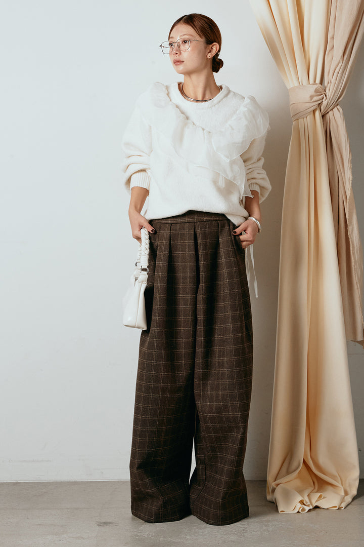 [SET]アシンメトリーフリルニットトップス+ウールライクチェックタックパンツ(2set)