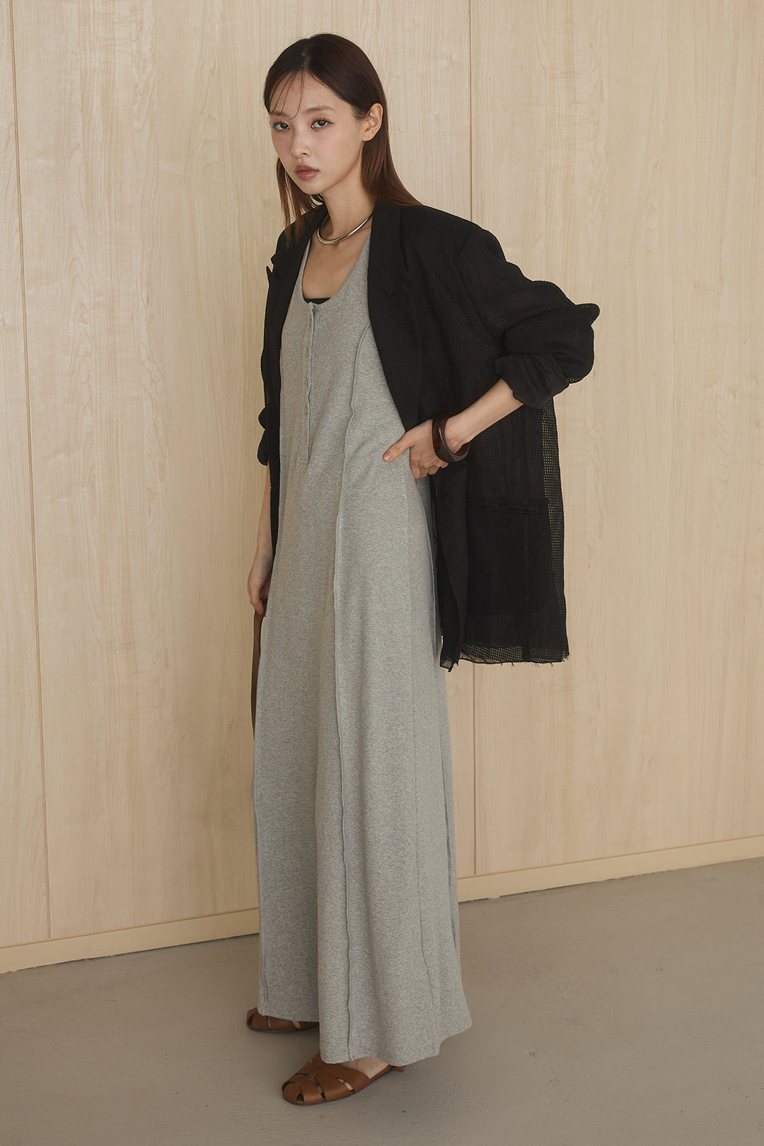 [SET]メッシュテーラードワイドジャケット+ノースリロングワンピース(2set)