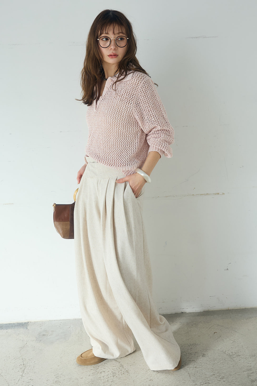 [SET]ミックスメッシュポロニット+麻混タックワイドパンツ(2set)