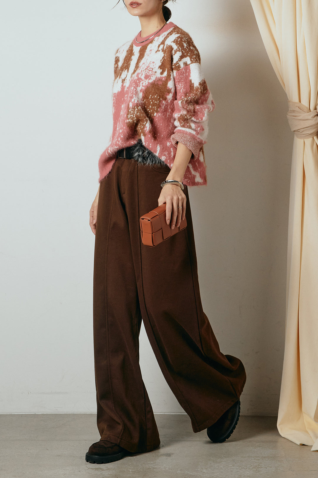 [SET]起毛ニュアンス柄ニットプルオーバー+ファーベルト付きワイドパンツ(2set)