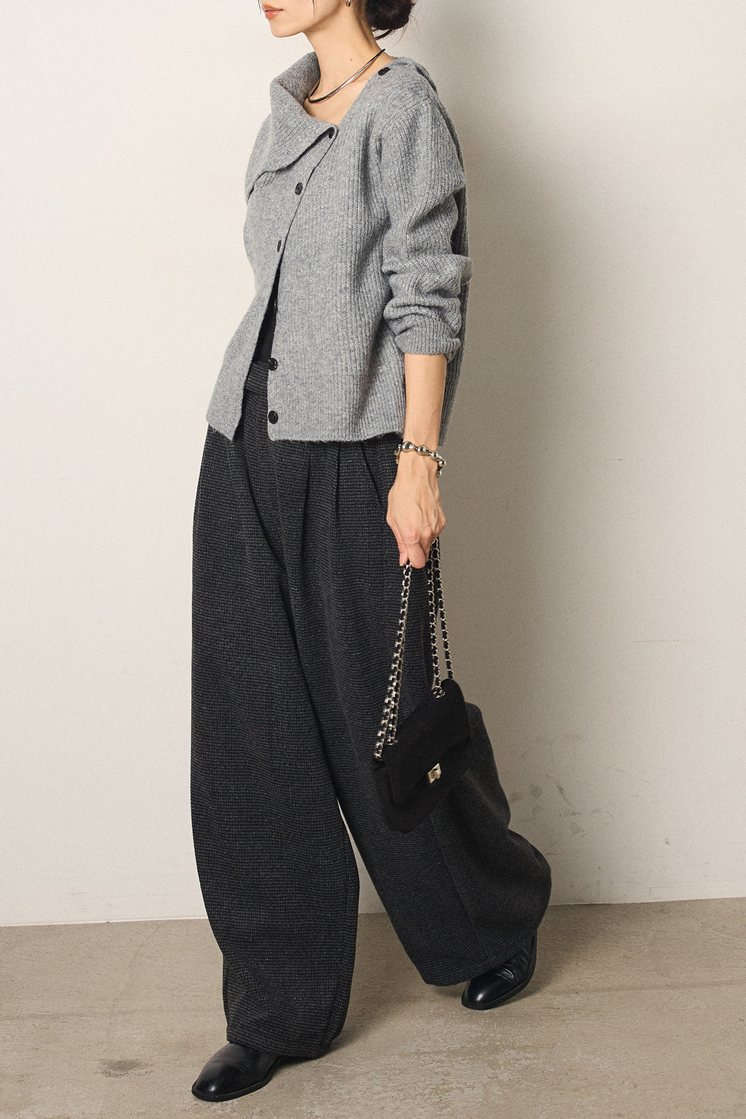 [SET]ボタンデザインネックニットプルオーバー+起毛タック入りツイードワイドパンツ(2set)