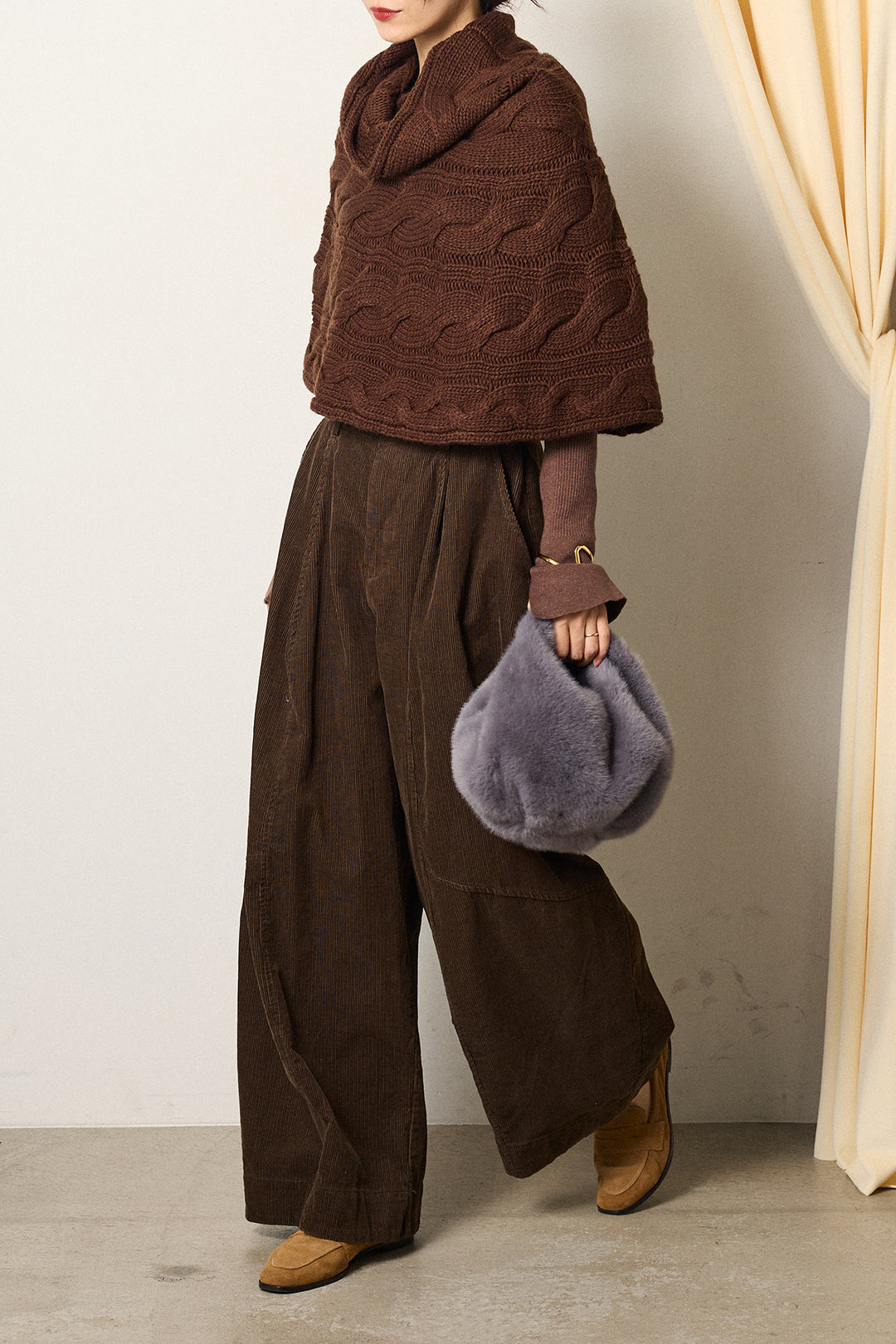 [SET]ケーブル編みケープレイヤードニット+タック入りコーデュロイワイドパンツ(2set)