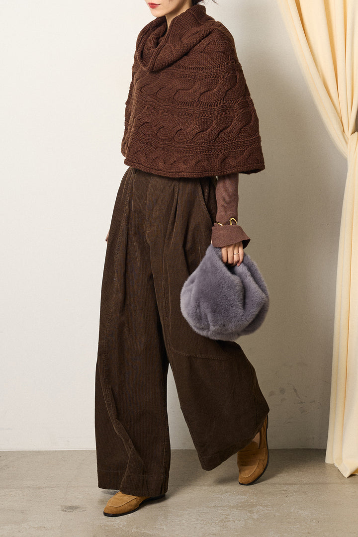 [SET]ケーブル編みケープレイヤードニット+タック入りコーデュロイワイドパンツ(2set)