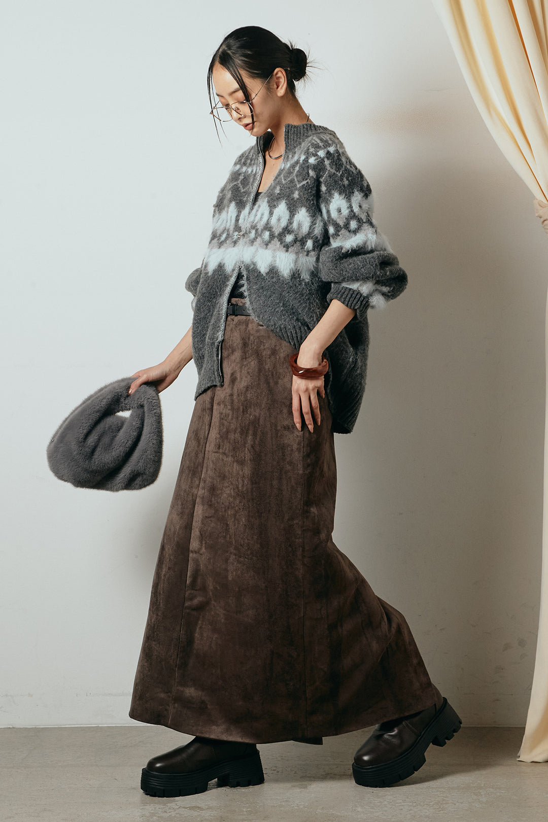 [SET]起毛ダブルジップパターンニットカーディガン+エコスウェードワイドスカート(2set)