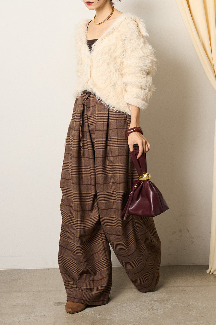 [SET]襟付きシャギーニットカーディガン+グレンチェックルーズタックパンツ(2set)
