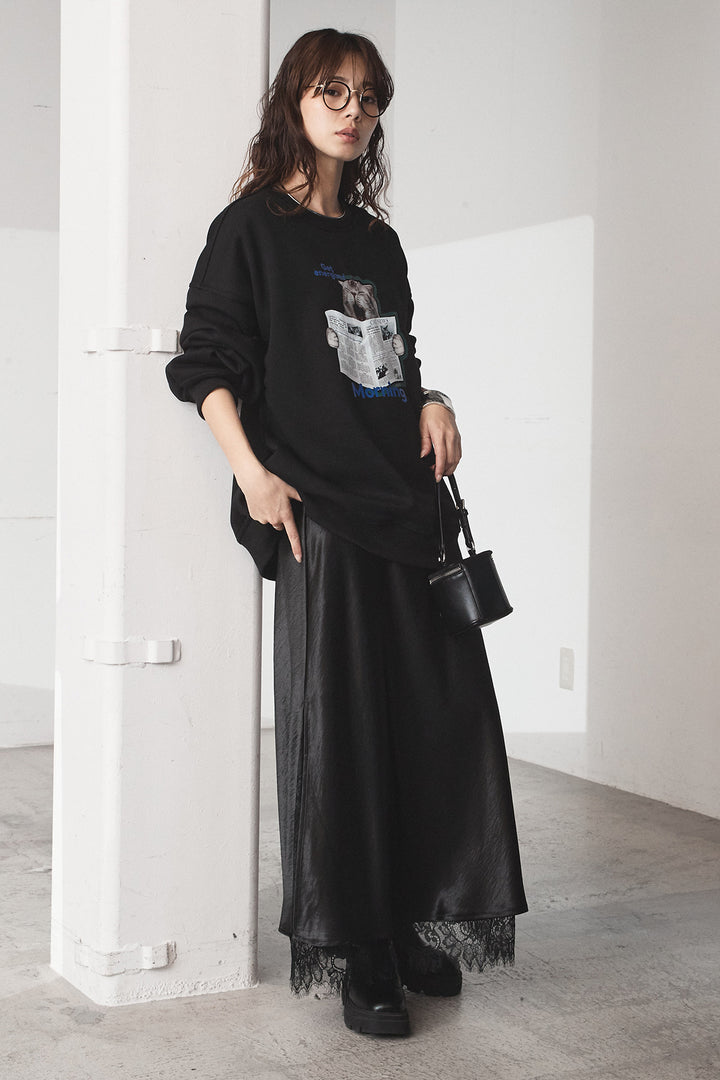 [SET]裏起毛モーニングキャットプリントスウェット+裾レースデザインサテンスカート(2set)