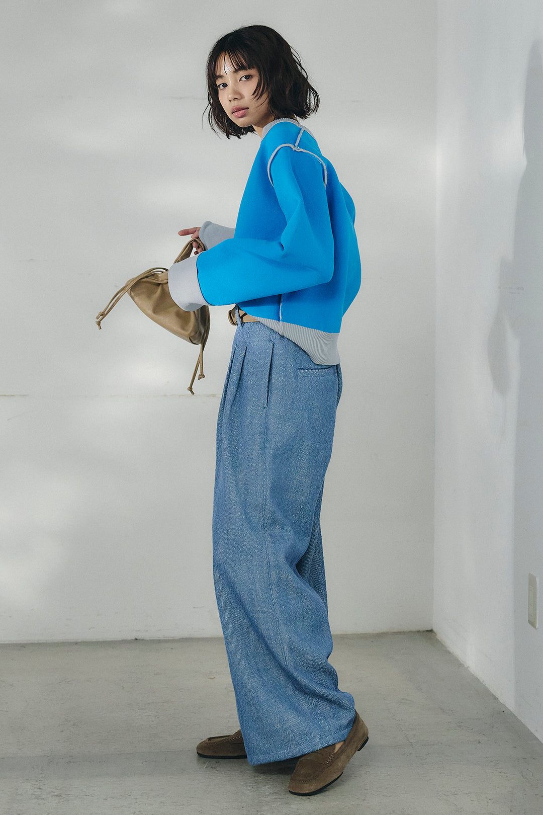 [SET]リバーシブル配色ニットカーディガン+デニムライクヘリンボーンタックパンツ(2set)