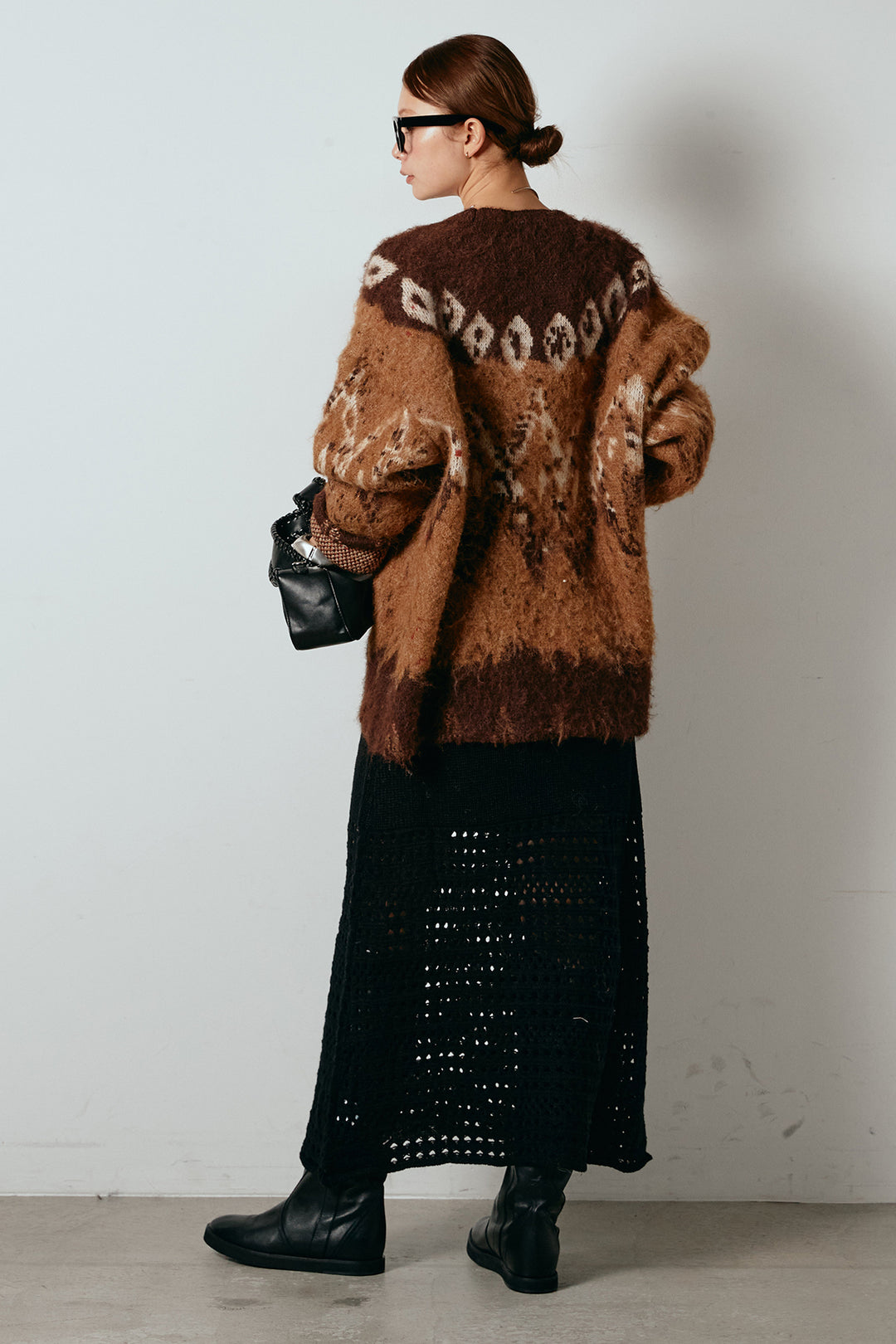 [SET]シャギーニュアンス柄ニットカーディガン+裾透かし編みキャミソールニットワンピース(2set)