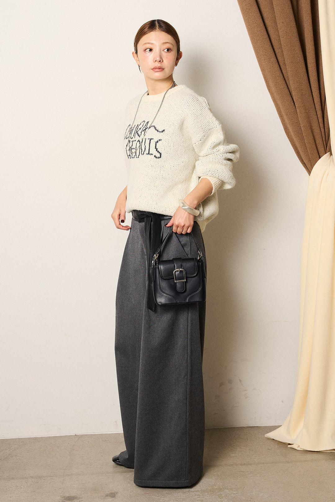 [SET]ロゴシャギーニットプルオーバー+巻ベルトウエストレザーライクワイドパンツ(2set)