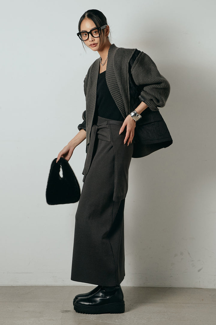 [SET]キルティング切り替えニットカーディガン+ウエストラップ巻きニットスカート(2set)