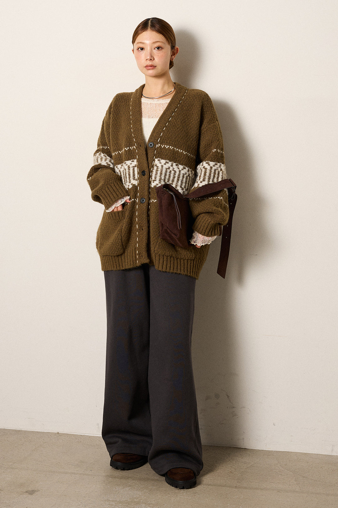 [SET]ライン柄ステッチニットカーディガン+裏起毛スウェットワイドパンツ(2set)