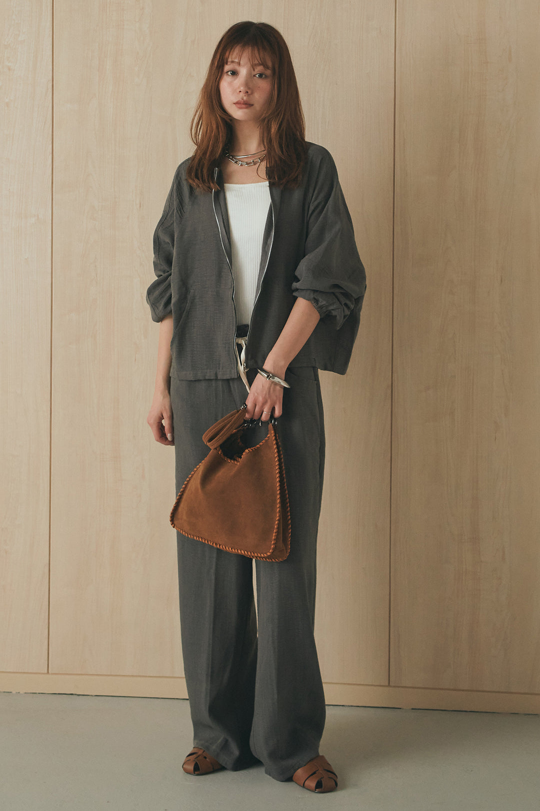 [SET]麻混ノーカラーブルゾン+麻混ウエストドロストパンツ(2set)