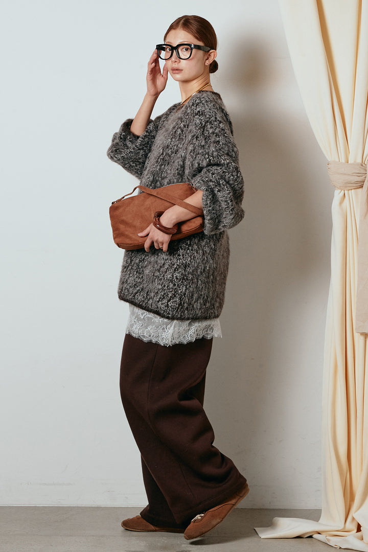 [SET]ボリュームスリーブミックスニットトップス+レース切り替えキャミソール(2set)