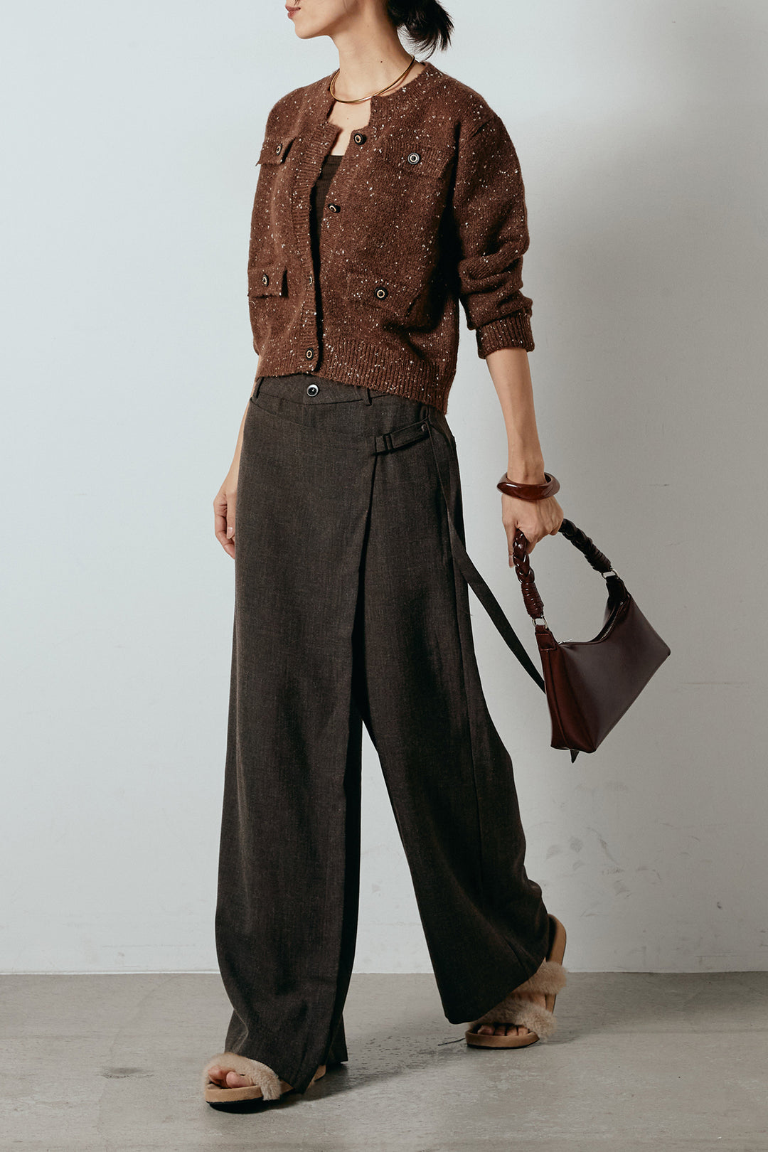 [SET]ネップニットカーディガン+ラップ巻きワイドスラックス(2set)