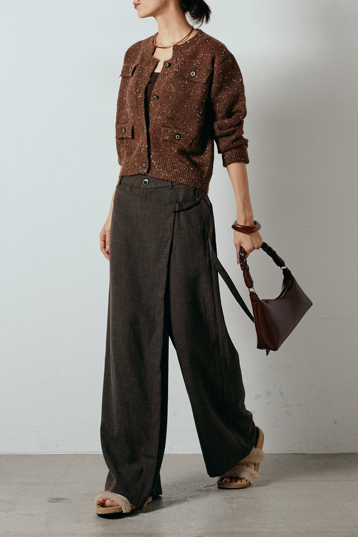 [SET]ネップニットカーディガン+ラップ巻きワイドスラックス(2set)