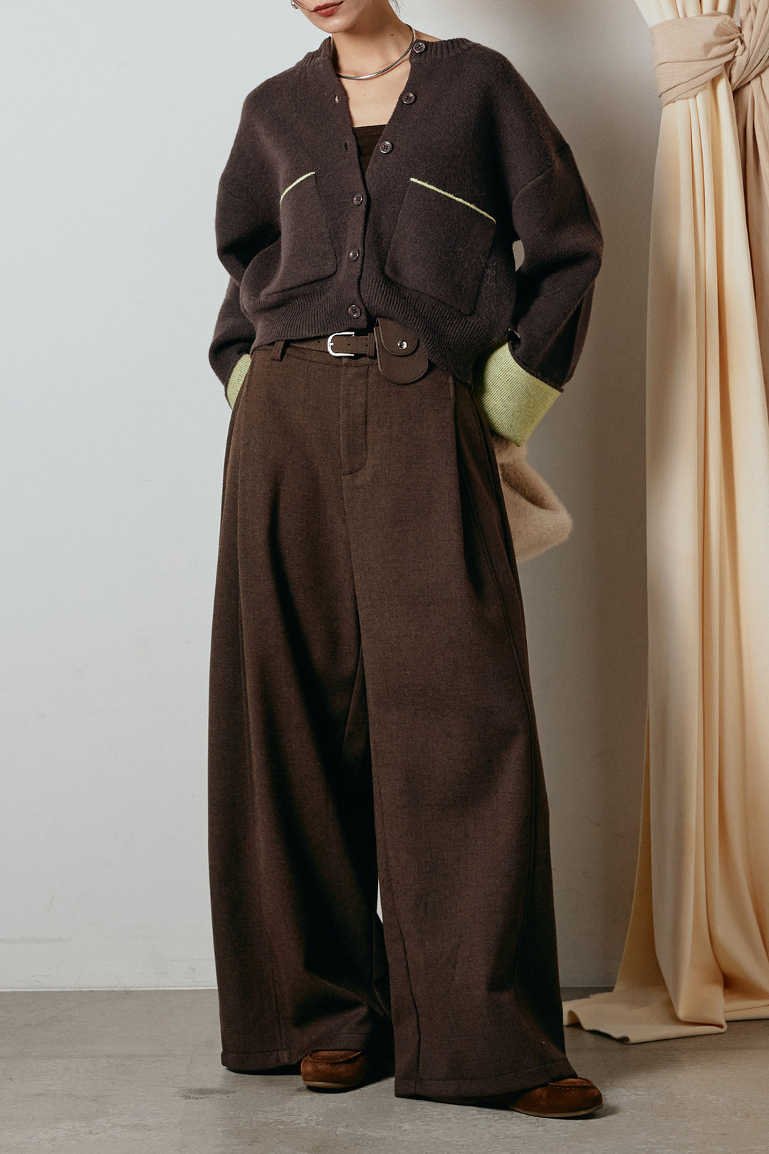 [SET]アルパカタッチダブルフェイスカーディガン+ポーチベルト付きカーブパンツ(2set)