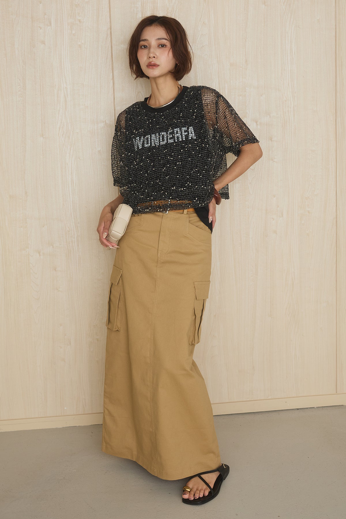 ESICA （エシカ）ロゴTシャツ➕メッシュ編みタイトスカート　2点セット　黒 SET]メッシュレイヤードロゴT+ベルト付きカーゴタイトスカート(2set