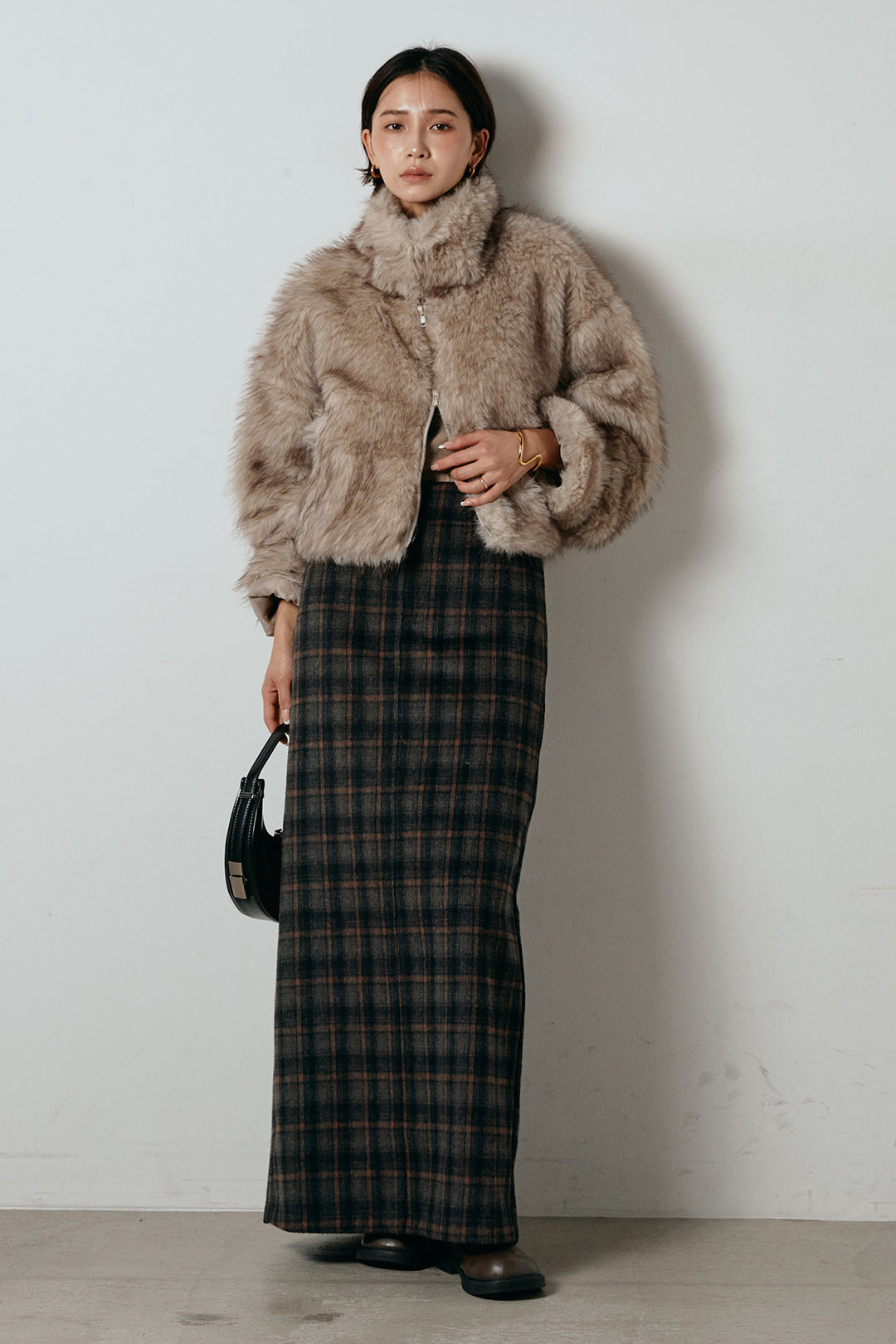 [SET]エコファーショート丈ブルゾン+シャギーチェックストレートスカート(2set)