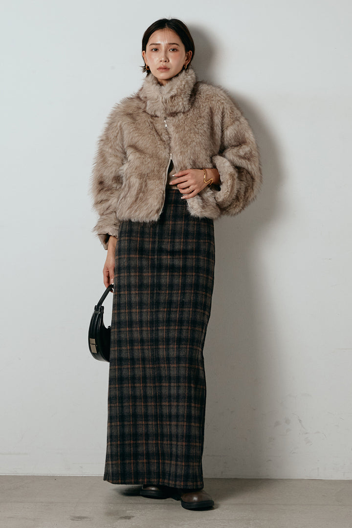 [SET]エコファーショート丈ブルゾン+シャギーチェックストレートスカート(2set)