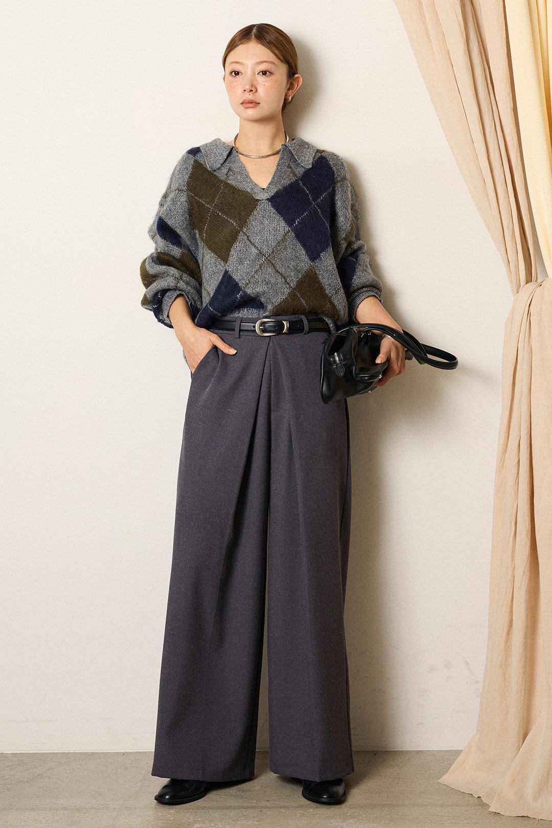 [SET]アクリルモヘアアーガイルキーネックプルオーバー+フロントワイドタックネップ入ワイドパンツ(2set)