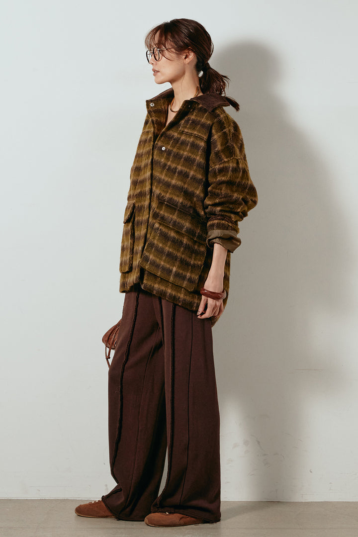 [SET]チェックシャギーミドルカバーオール+フロントラインデザインワイドスウェットパンツ(2set)