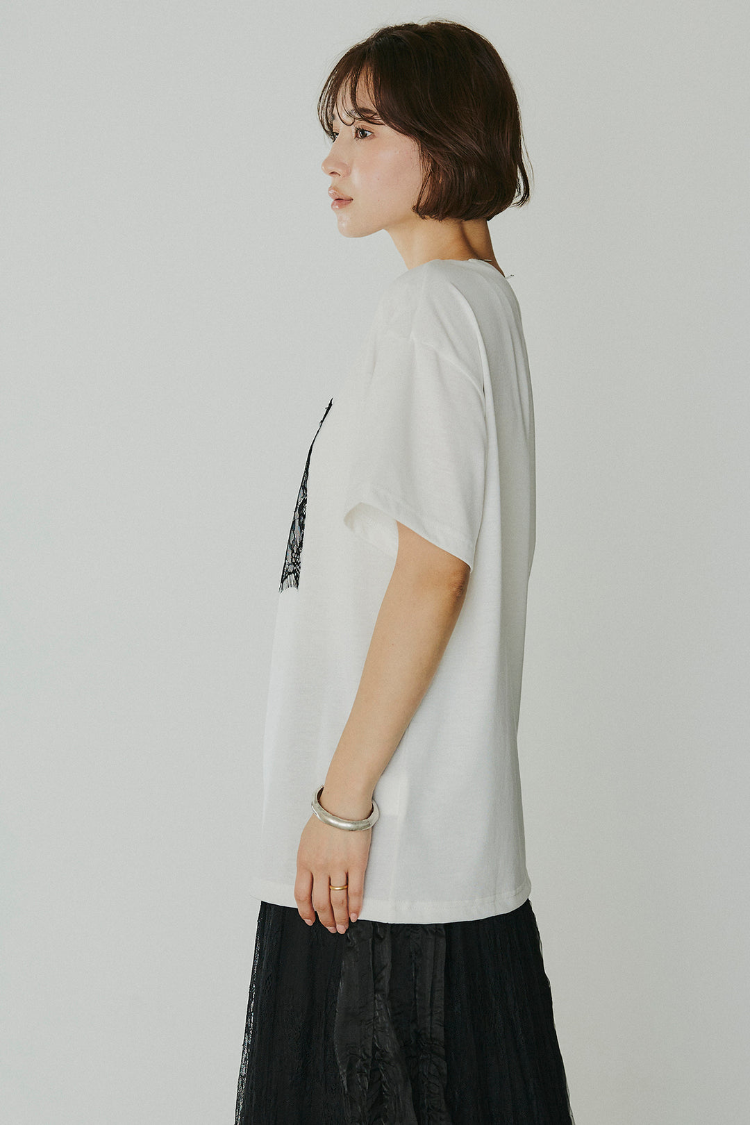 [SET]レースロゴ刺繍Tシャツ+レースコンビワッシャーギャザースカート(2set)