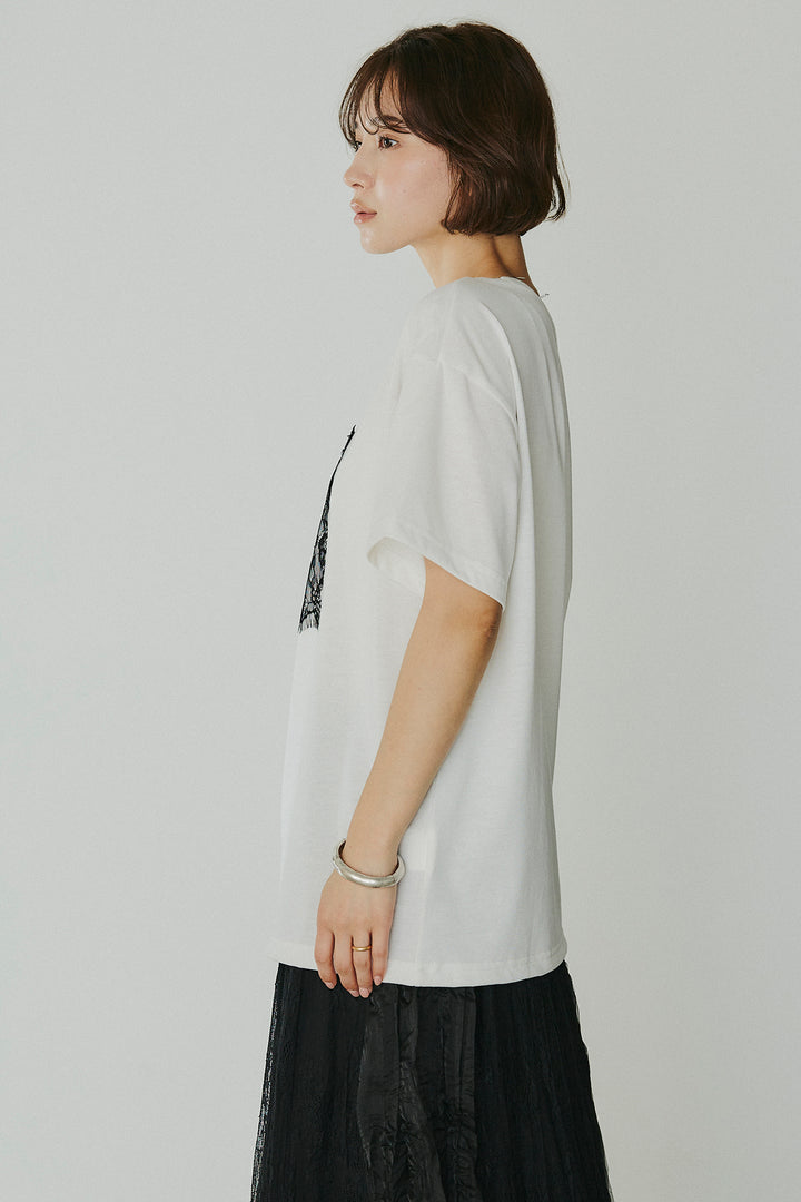 [SET]レースロゴ刺繍Tシャツ+レースコンビワッシャーギャザースカート(2set)