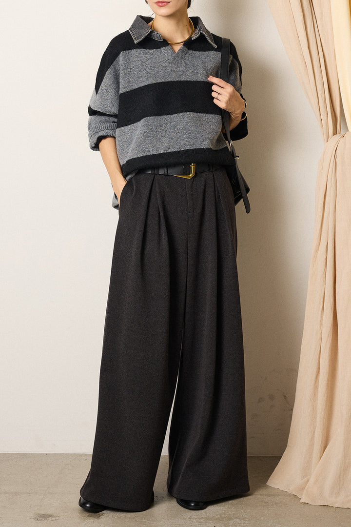 [SET]デニムカラーボーダールーズニット+ゴールドバックル太ベルト付きワイドパンツ(2set)