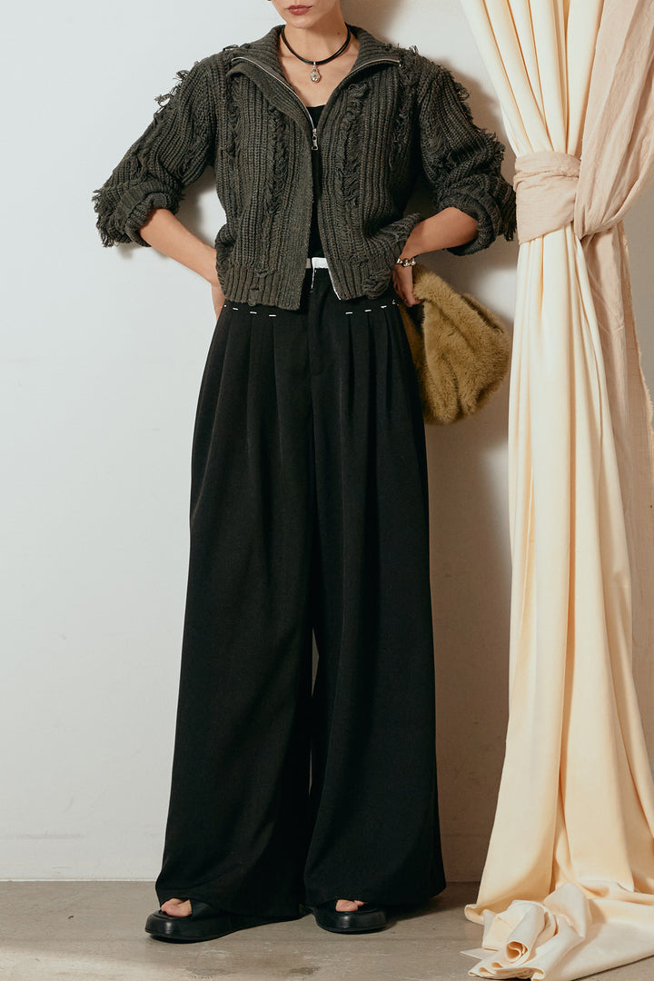 [SET]ハイネックフリンジジップニットトップス+ウエストステッチデザインワイドスラックス(2set)