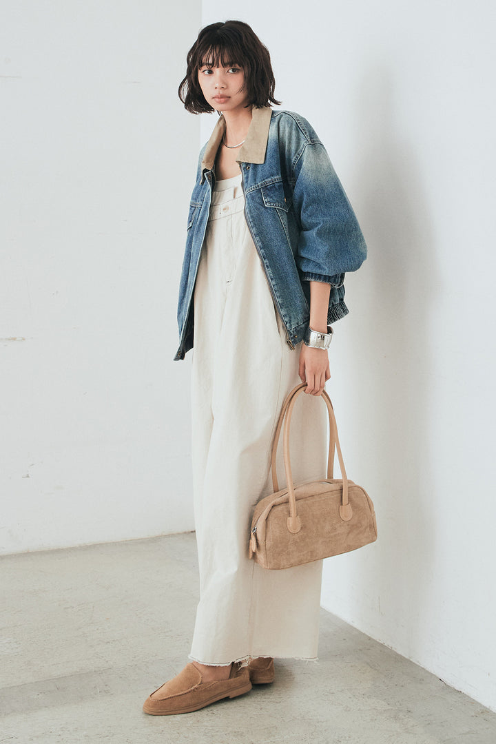 [SET]襟切り替えジップデニムジャケット+綿ツイルアシメサロペット(2set)