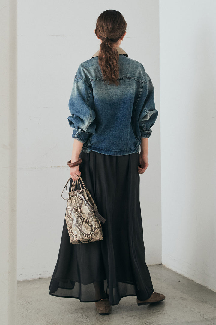 [SET]襟切り替えジップデニムジャケット+リラックスシアーフレアスカート(2set)