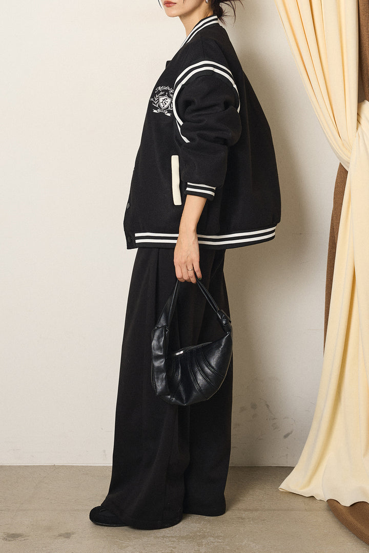 [SET]ワンポイントデザインブルゾン+編みベルト付きワイドパンツ(2set)