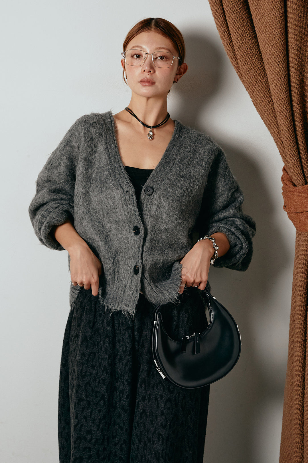 起毛ボタンニットカーディガン/グレー