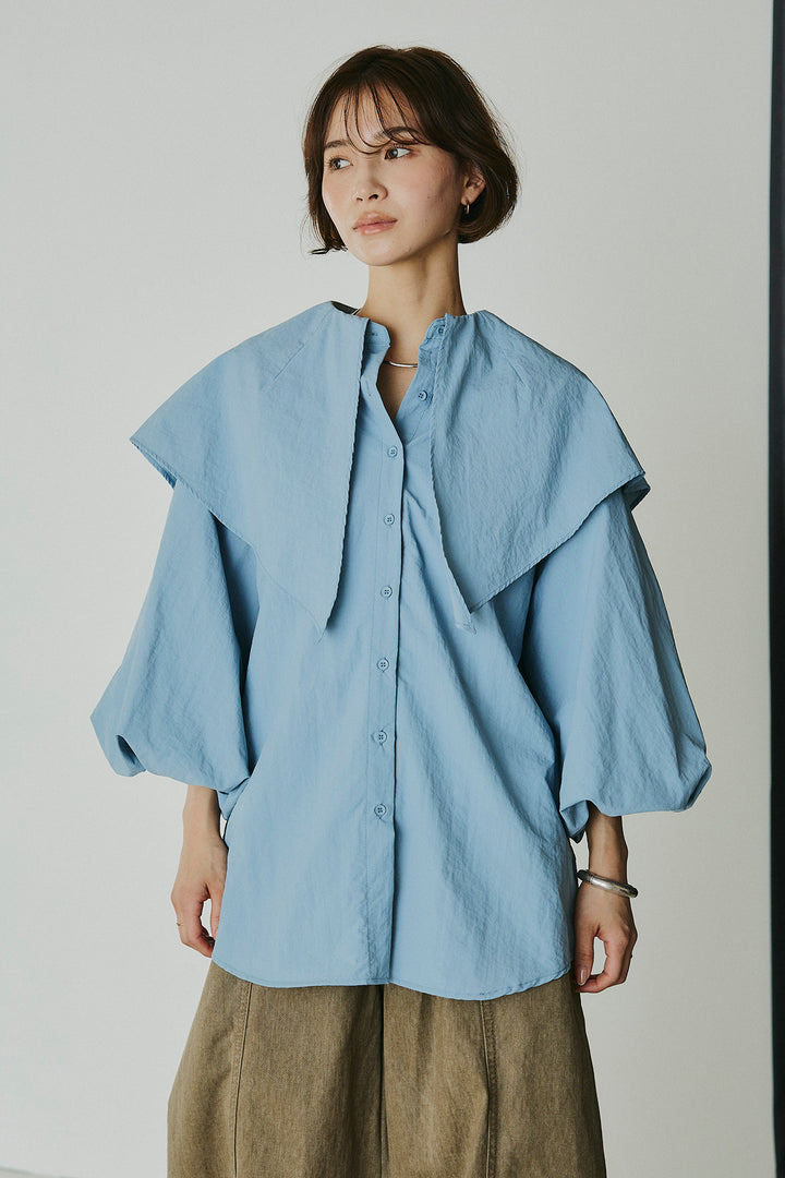 [SET]ケープカラーナイロンブラウス+サイドベルトカーブワイドパンツ(2set)