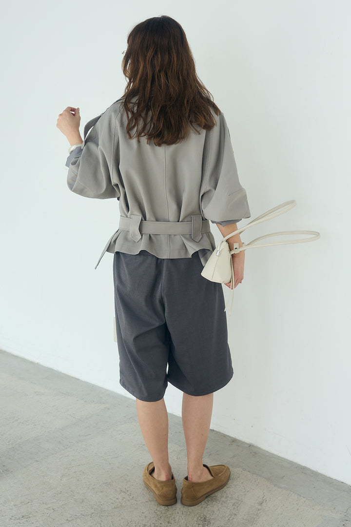 [SET]ベルト付きスタンドネックアウター+ツイルタックハーフパンツ(2set)