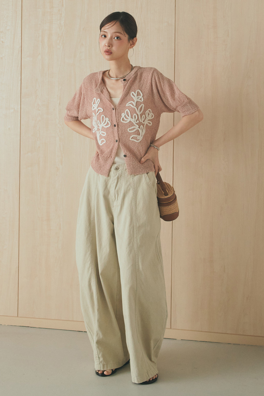 [SET]フロントテープデザイン半袖カーディガン+サイドベルトカーブワイドパンツ(2set)