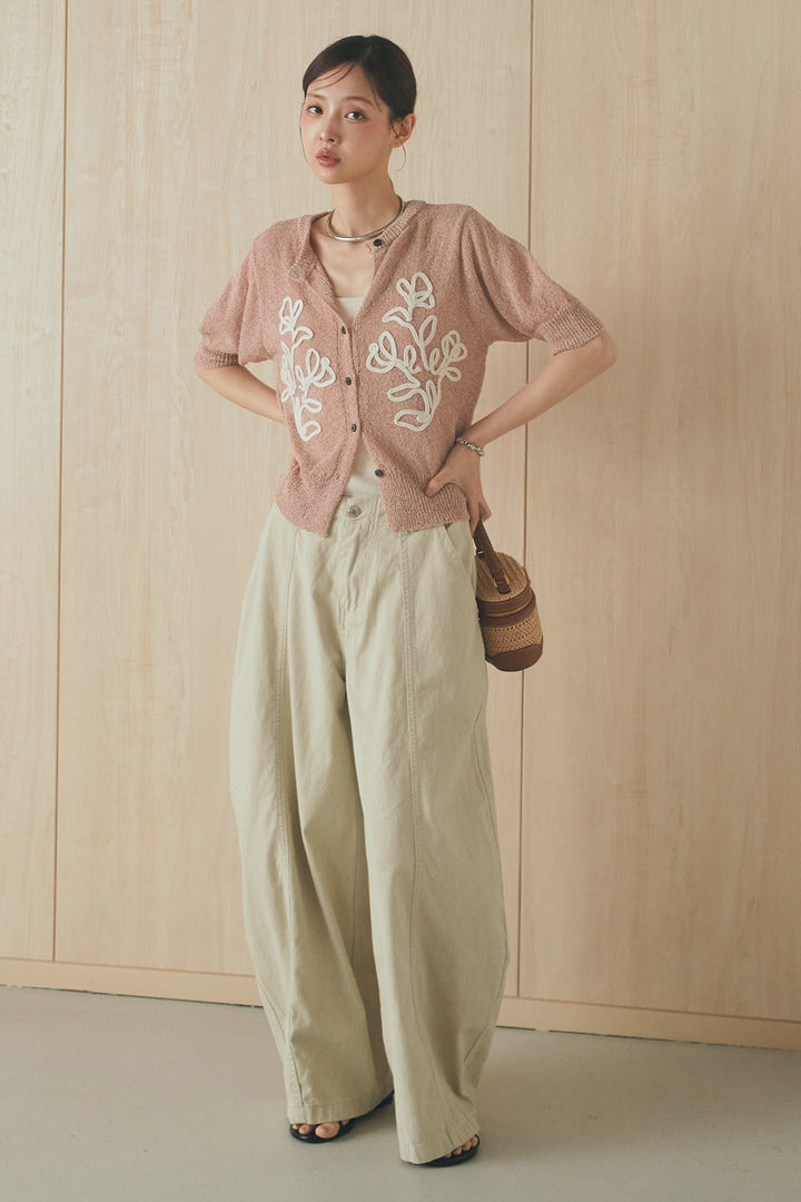 [SET]フロントテープデザイン半袖カーディガン+サイドベルトカーブワイドパンツ(2set)