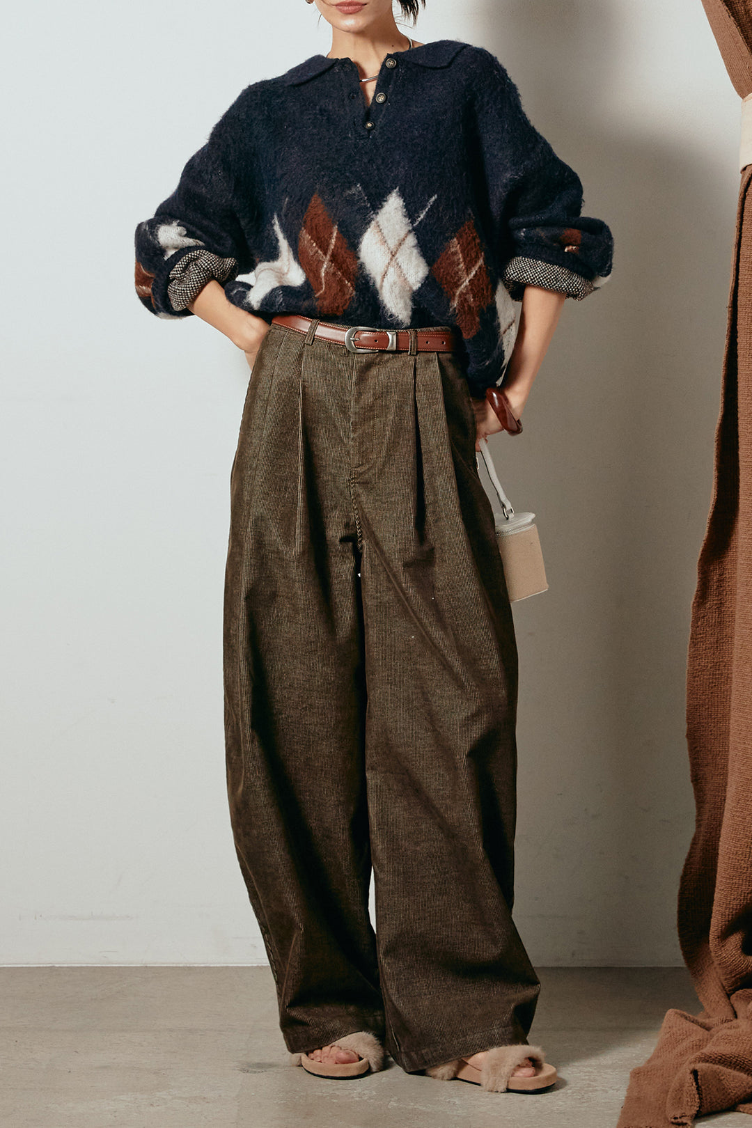 [SET]アーガイル柄ポロニットトップス+フロントタック入りコーデュロイパンツ(2set)