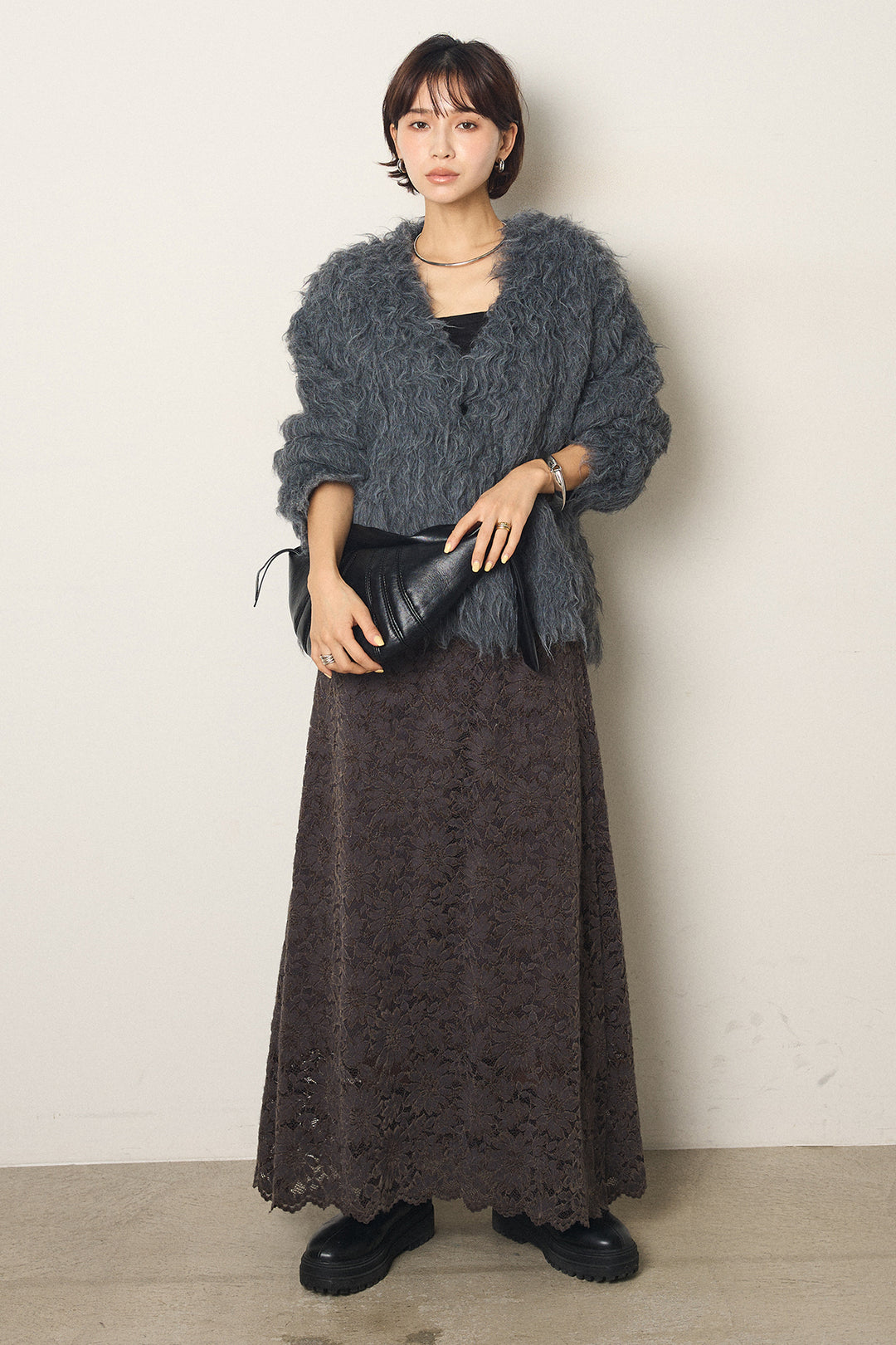 [SET]起毛シャギーニットカーディガン+花柄刺繍ベロアフレアスカート(2set)