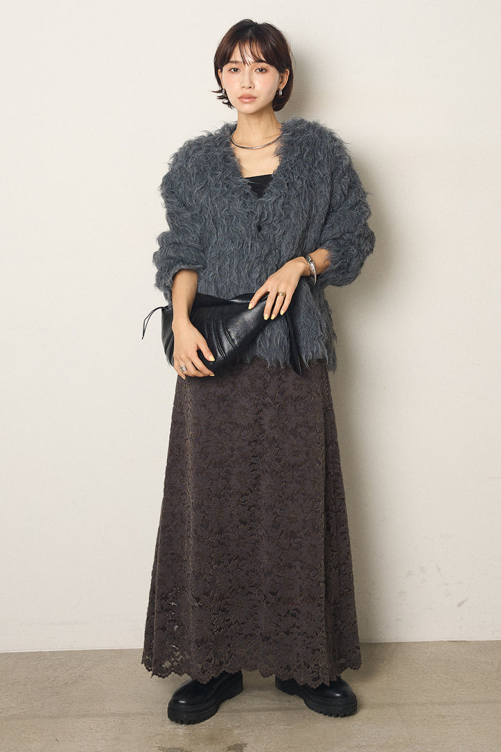 [SET]起毛シャギーニットカーディガン+花柄刺繍ベロアフレアスカート(2set)