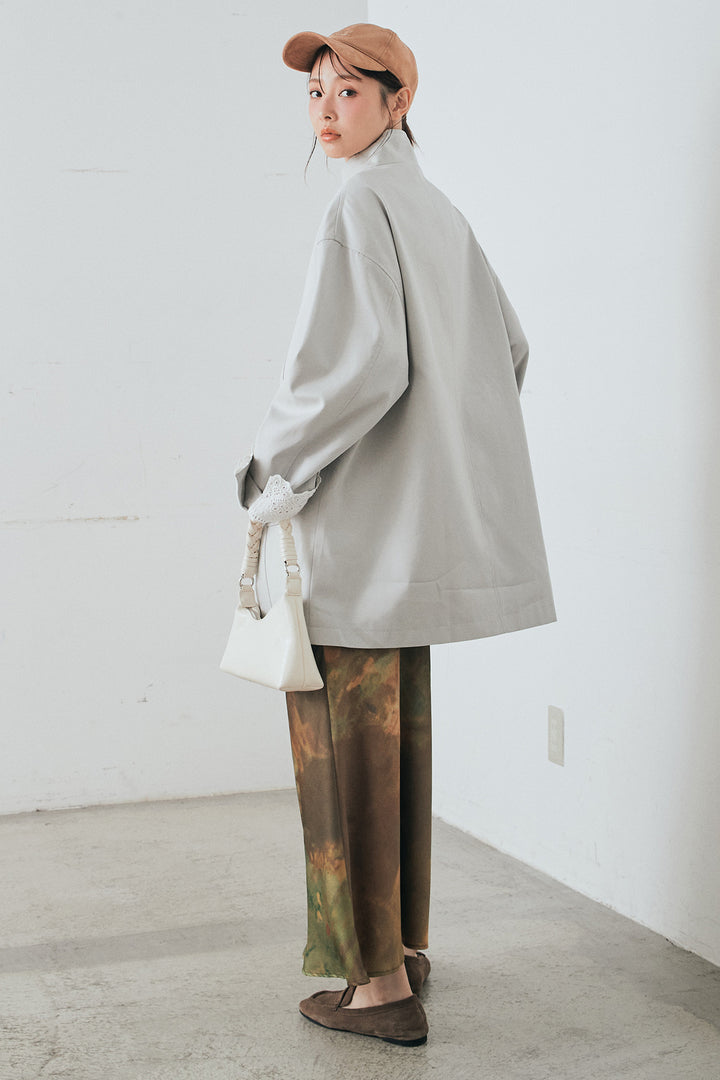 [SET]袖折り返しレースデザインアウター+ニュアンス柄サテンスカート(2set)