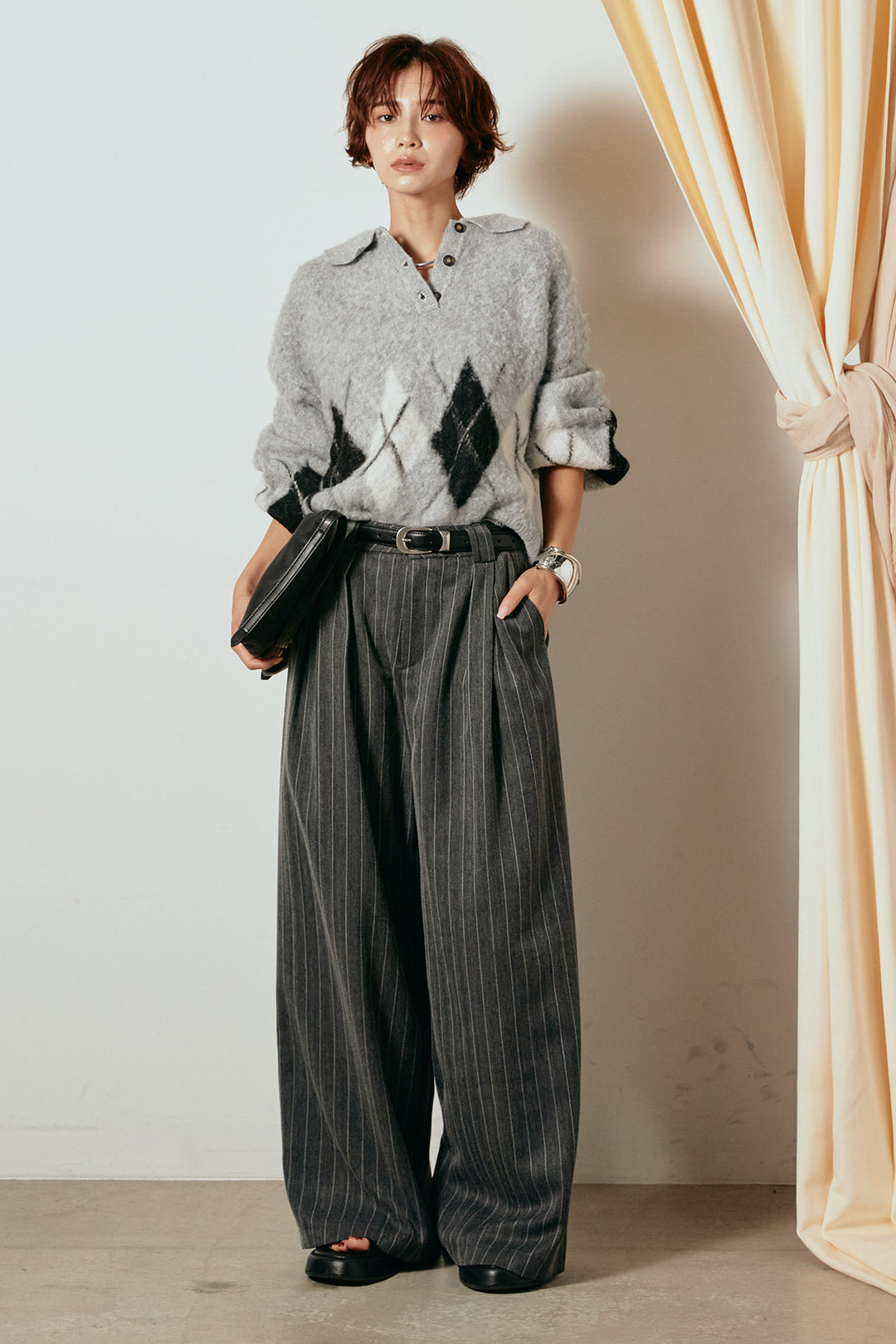 [SET]アーガイル柄ポロニットトップス+ストライプヘリンボーンパンツ(2set)