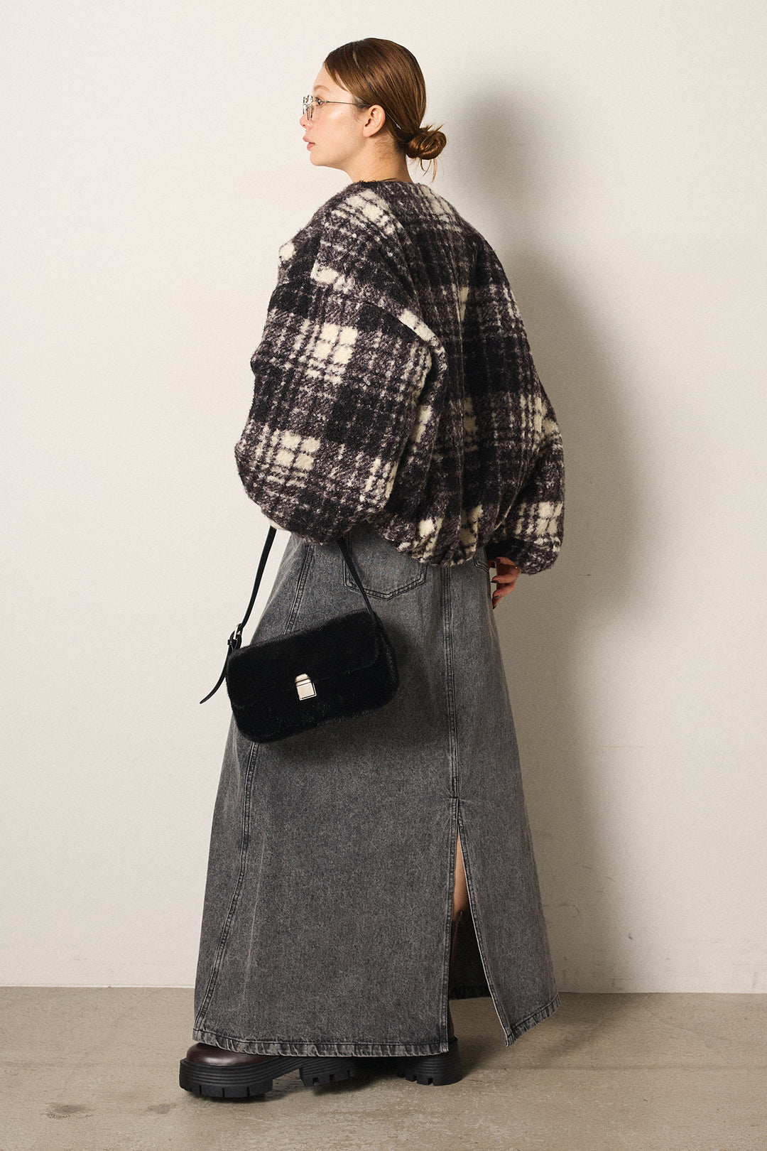 [SET]ノーカラーチェック柄ボアブルゾン+デニムロングフレアスカート(2set)